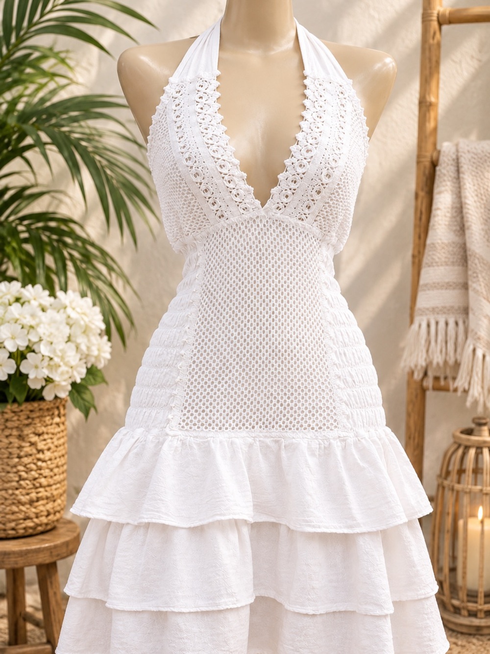 White Halter Crochet Tiered Mini Dress